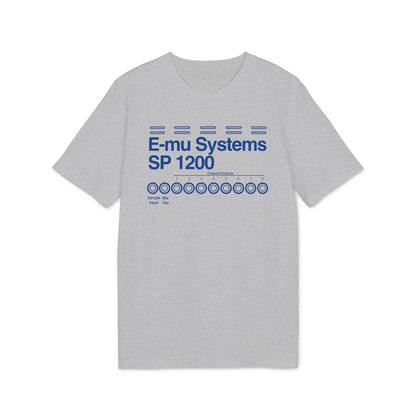 Grey t-shirt with blue E-mu Systems SP 1200 logo and channel outputs.