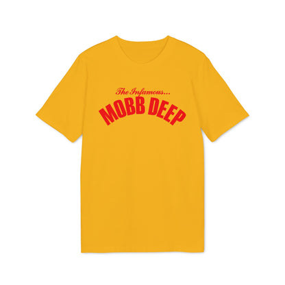 Bright yellow short-sleeved t-shirt featuring curved red text reading "The Infamous... Mobb Deep" centered on the chest.
