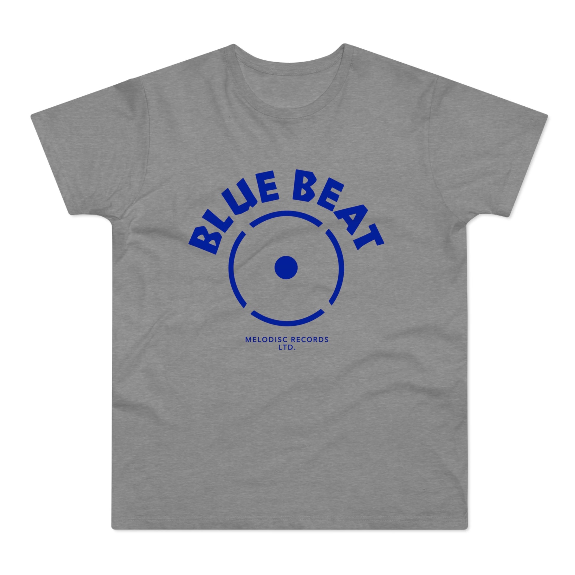 Grey t-shirt with blue "BLUE BEAT MELODISC RECORDS LTD." graphic.