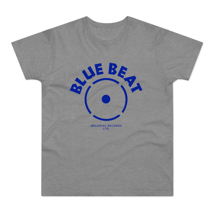 Grey t-shirt with blue "BLUE BEAT MELODISC RECORDS LTD." graphic.