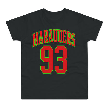 Black t-shirt with red "Marauders" text and "93" number outlined in green.