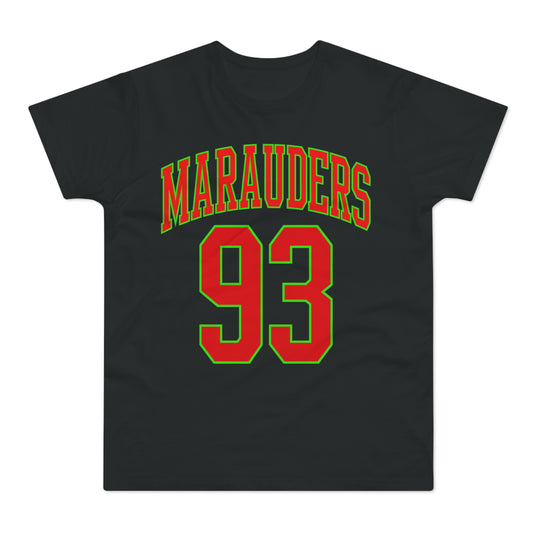 Black t-shirt with red "Marauders" text and "93" number outlined in green.
