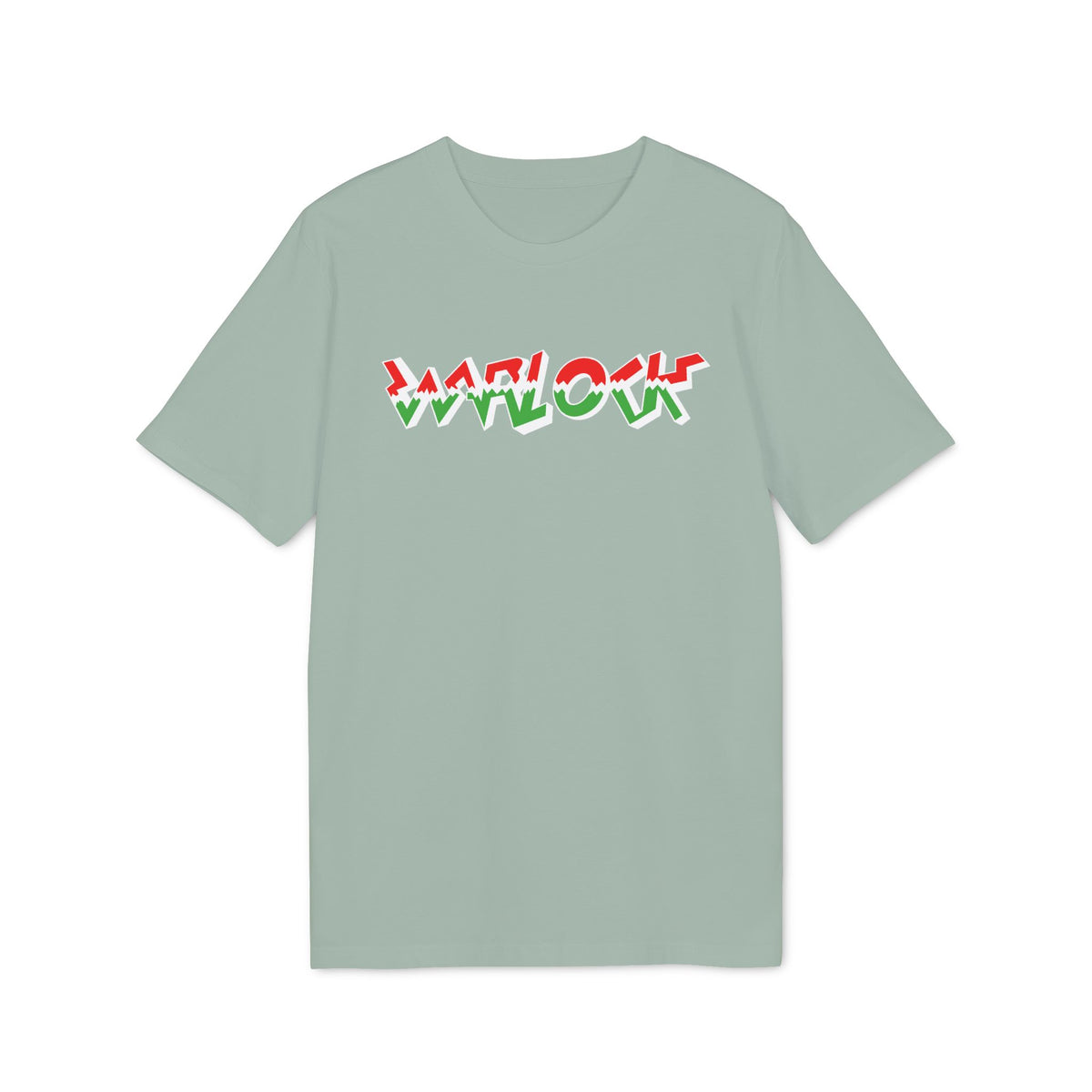 A sage green short-sleeved t-shirt featuring the word Warlock printed in red and green lettering across the chest.