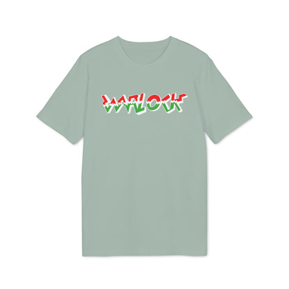 A sage green short-sleeved t-shirt featuring the word Warlock printed in red and green lettering across the chest.