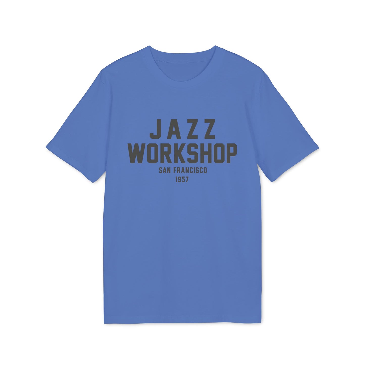 Blue t-shirt with "Jazz Workshop San Francisco 1957" text in gray.