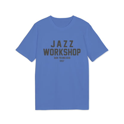 Blue t-shirt with "Jazz Workshop San Francisco 1957" text in gray.