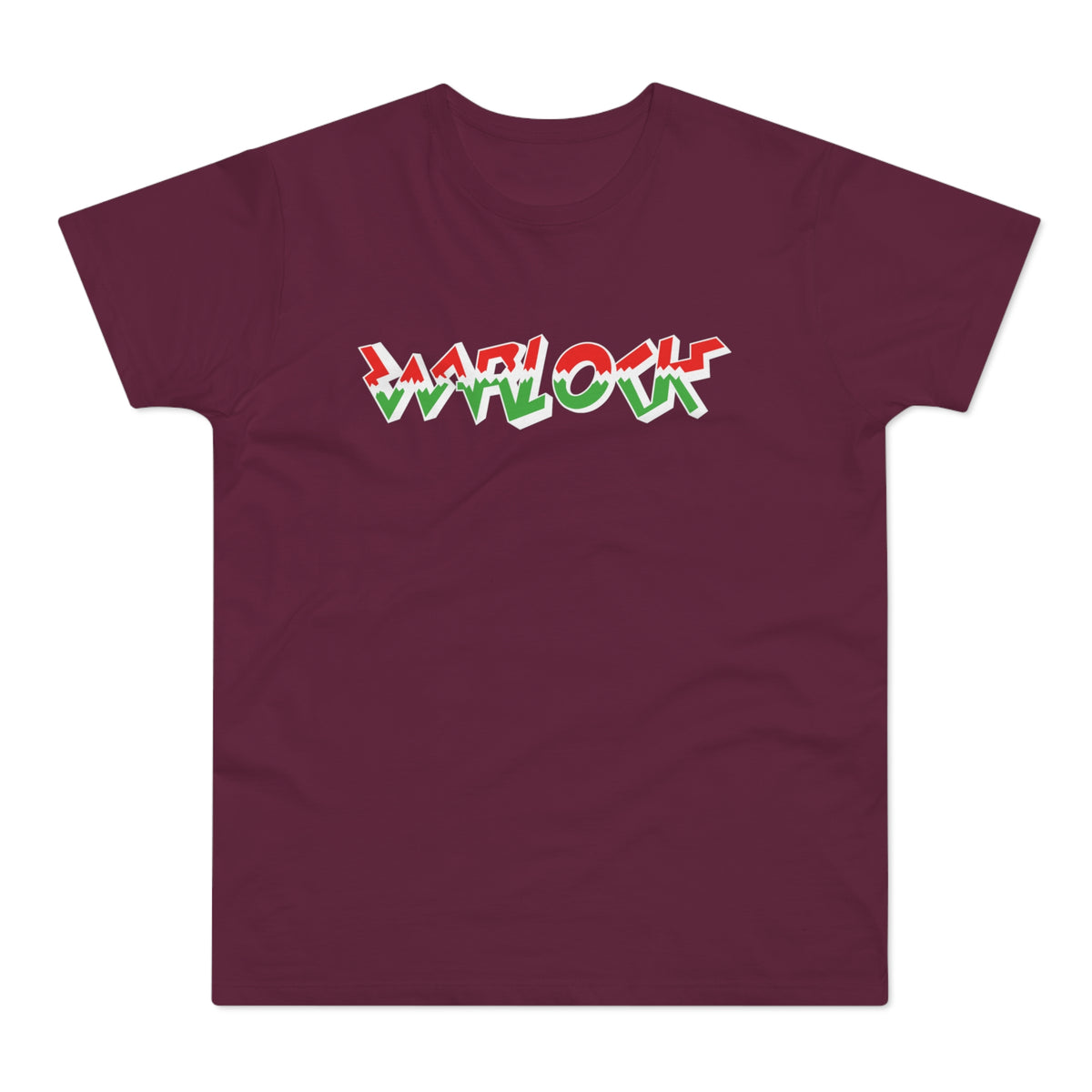 Maroon t-shirt with bold white, red, and green "WARLOCK" text graphic.