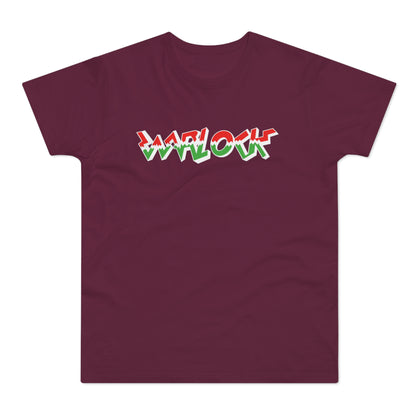 Maroon t-shirt with bold white, red, and green "WARLOCK" text graphic.