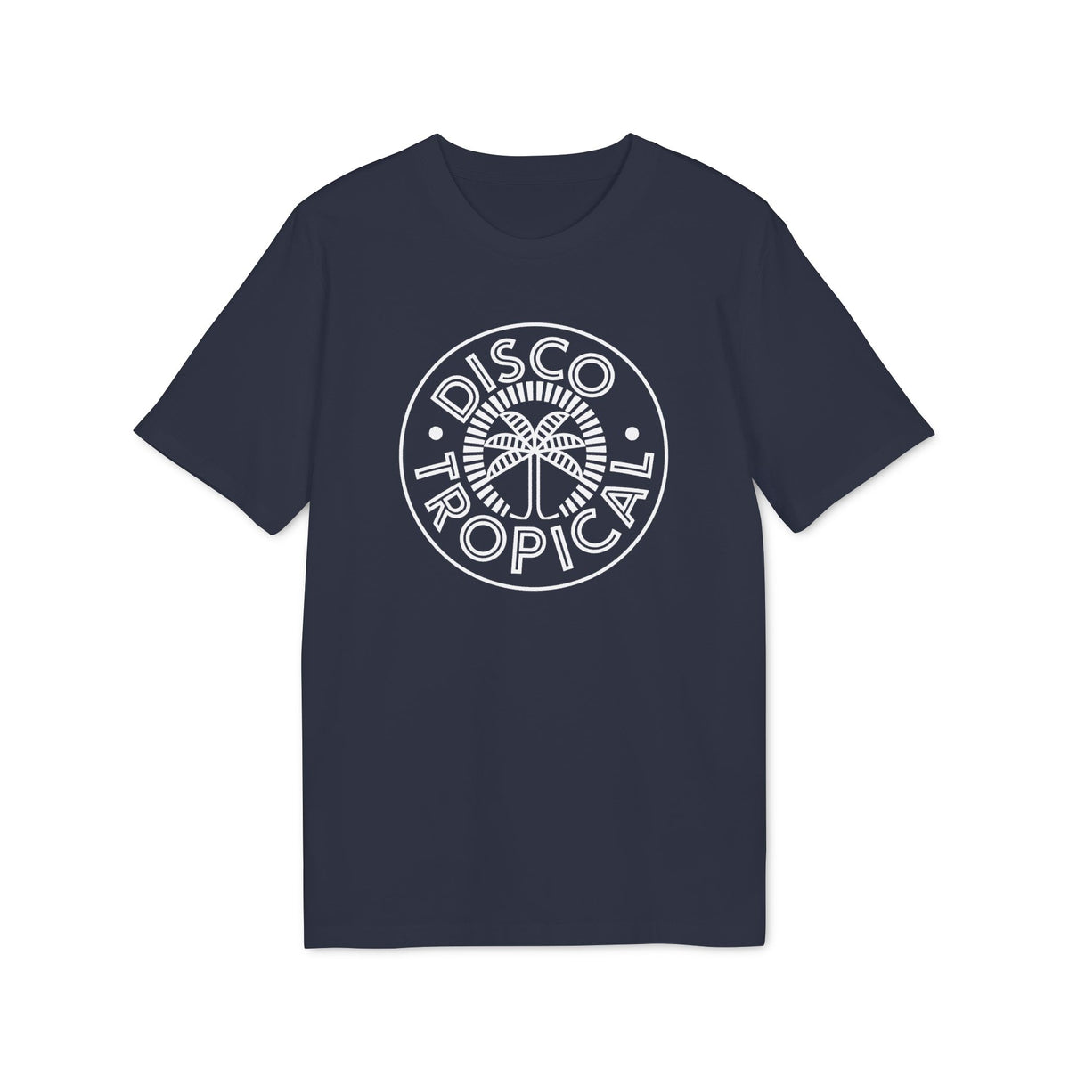 A dark navy blue t-shirt featuring a white circular logo with palm trees and the text Disco Tropical.