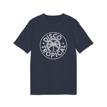 A dark navy blue t-shirt featuring a white circular logo with palm trees and the text Disco Tropical.