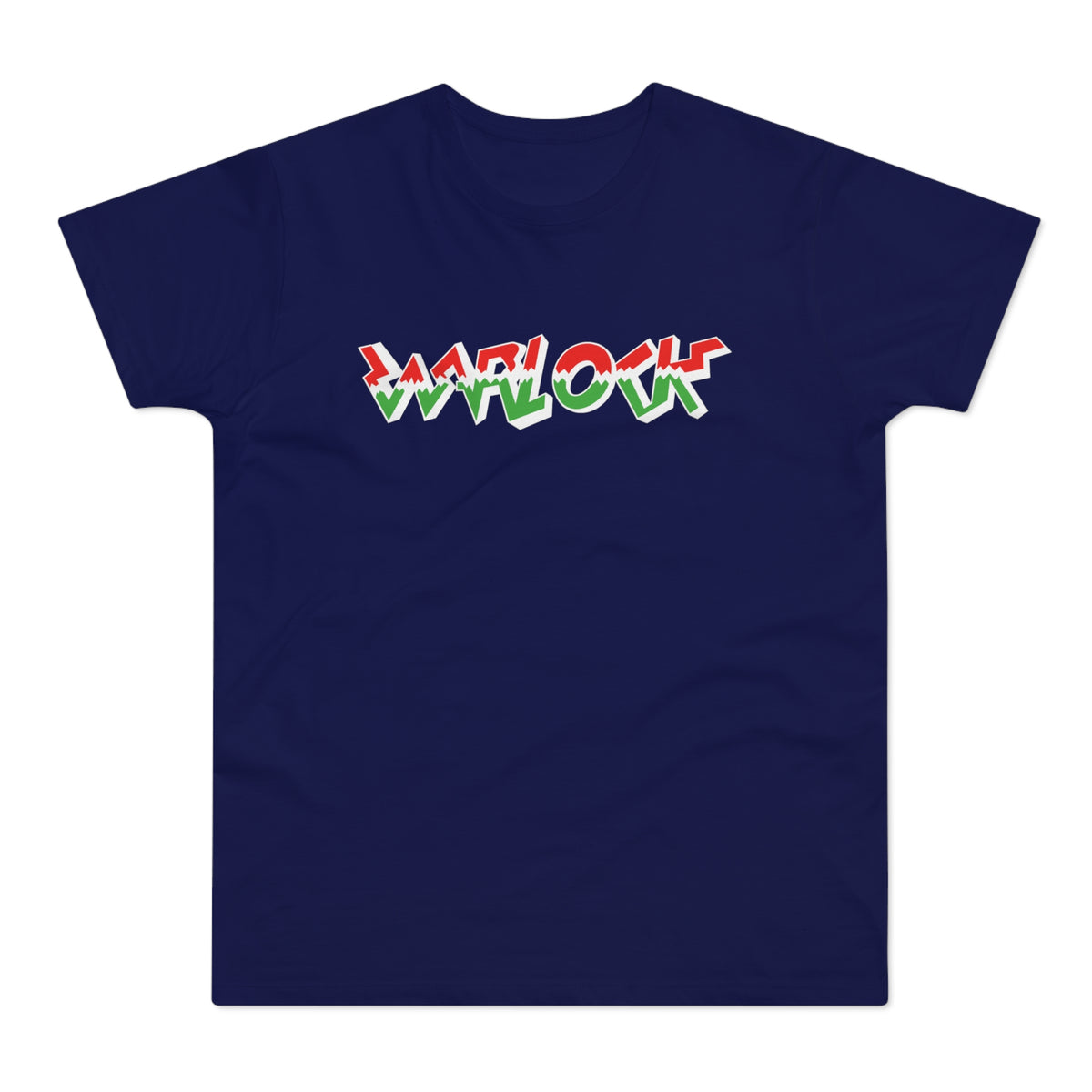 Navy blue t-shirt with red, white, and green "WARLOCK" text.