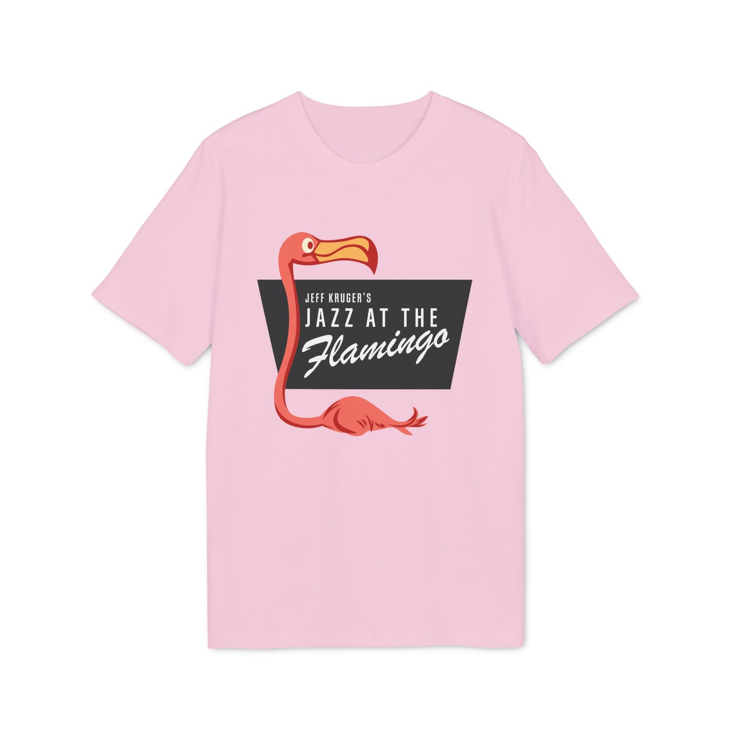 Pink t-shirt with a stylized flamingo and text: Jeff Kruger's Jazz at the Flamingo.