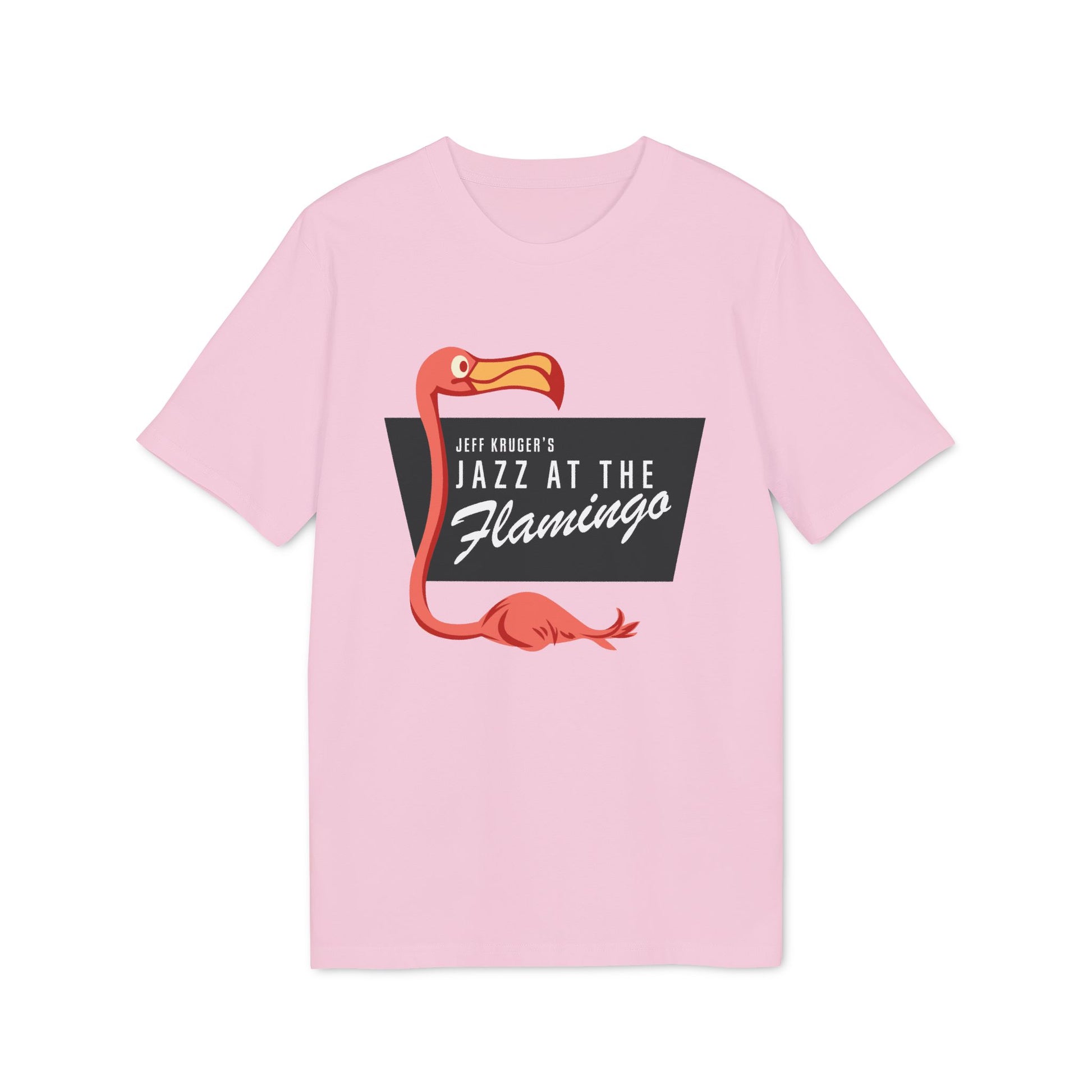 Pink t-shirt with a stylized flamingo and text: Jeff Kruger's Jazz at the Flamingo.