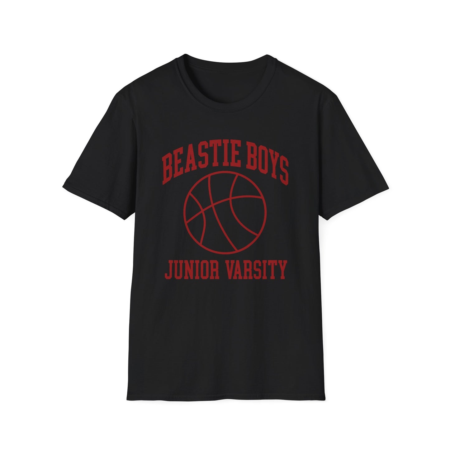 Black t-shirt with red Junior Varsity" text and basketball graphic.