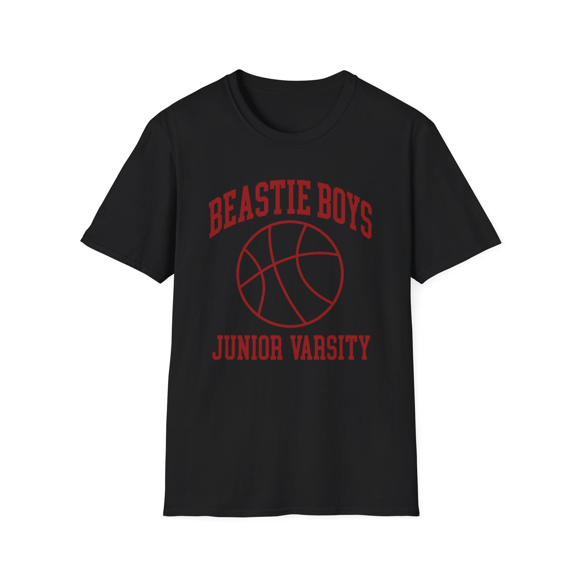 Black t-shirt with red Junior Varsity" text and basketball graphic.