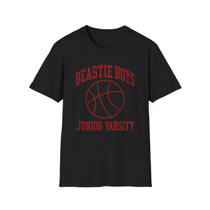 Black t-shirt with red Junior Varsity" text and basketball graphic.