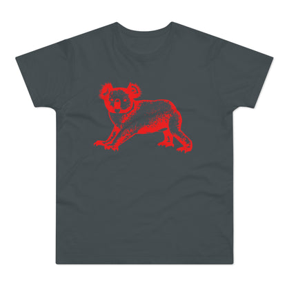 Red koala graphic on a dark gray t-shirt