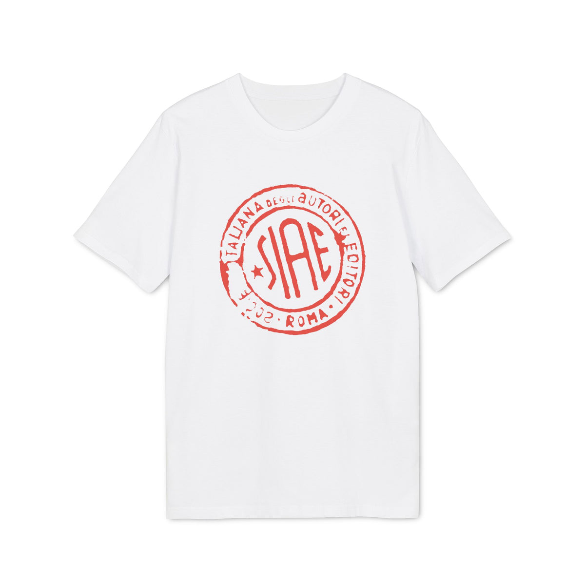 A white short-sleeved t-shirt featuring a large red circular SIAE logo on the chest.