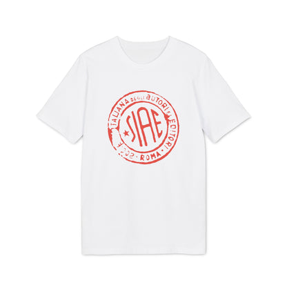 A white short-sleeved t-shirt featuring a large red circular SIAE logo on the chest.