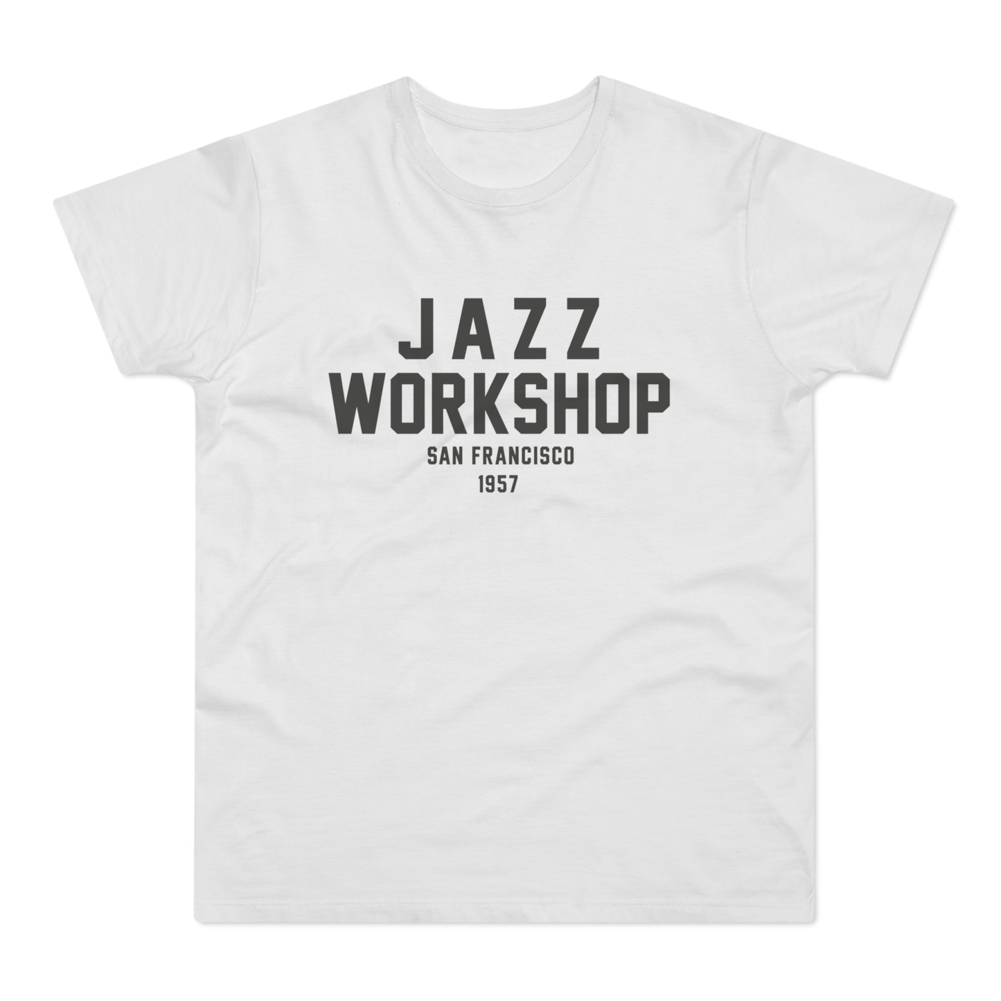 White t-shirt with "Jazz Workshop San Francisco 1957" text.