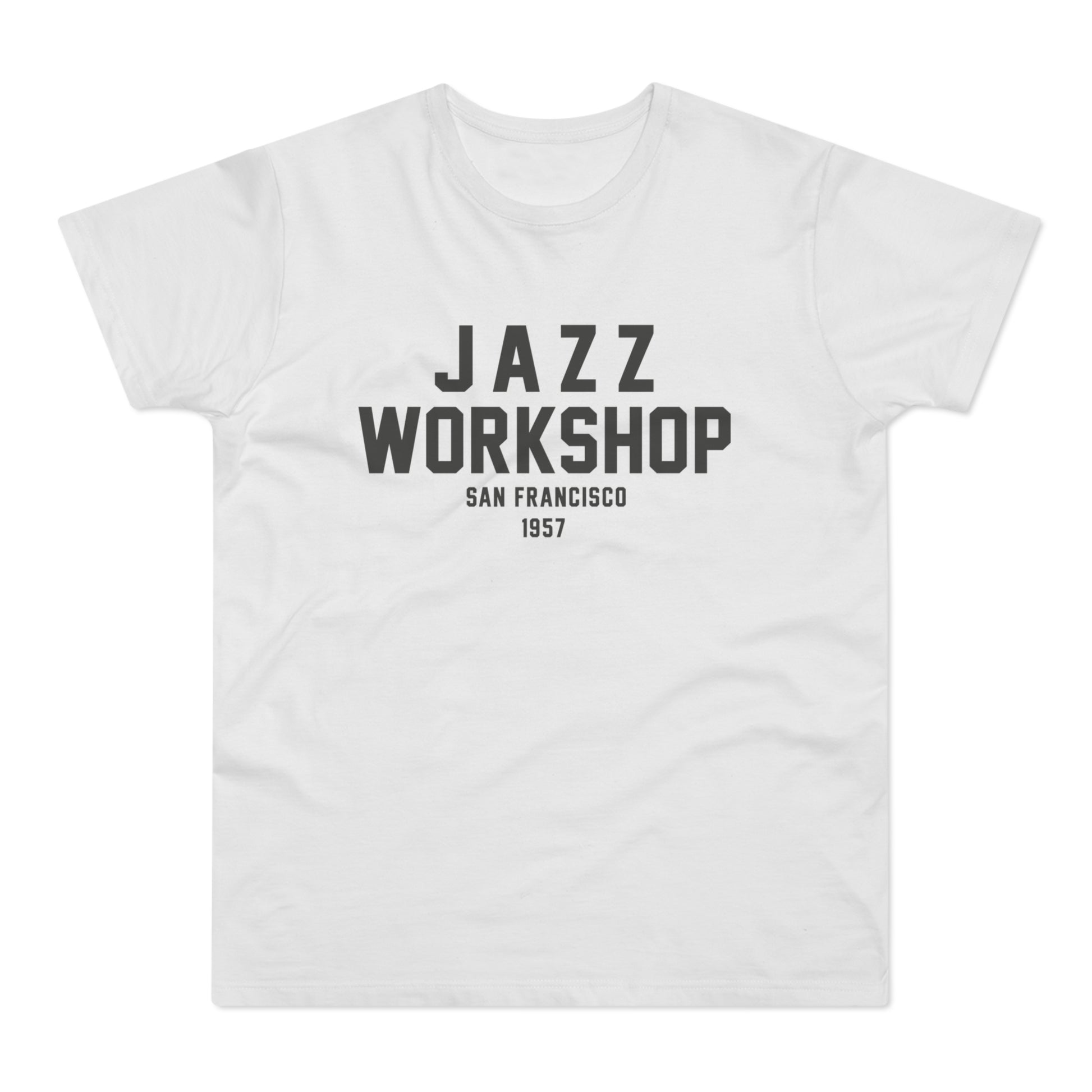 White t-shirt with "Jazz Workshop San Francisco 1957" text.