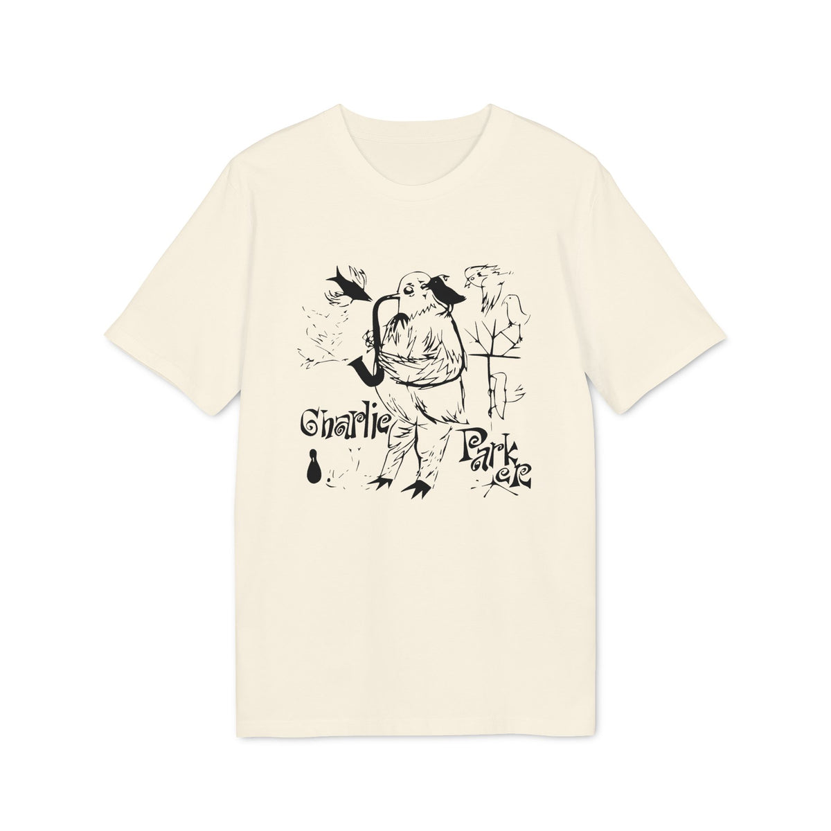 Off-white crewneck t-shirt featuring a black illustrative print of Charlie Parker with birds and a saxophone.