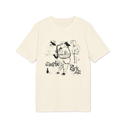 Off-white crewneck t-shirt featuring a black illustrative print of Charlie Parker with birds and a saxophone.