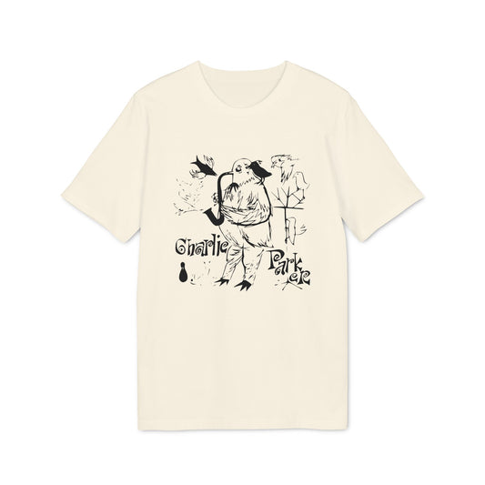 Off-white crewneck t-shirt featuring a black illustrative print of Charlie Parker with birds and a saxophone.