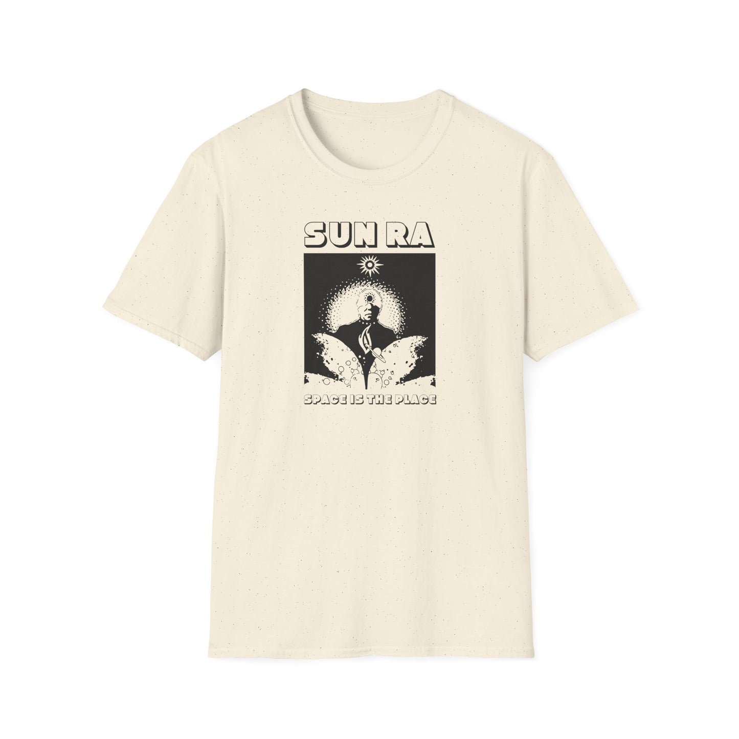 Sun Ra t-shirt with black and white graphic and text "SPACE IS THE PLACE".