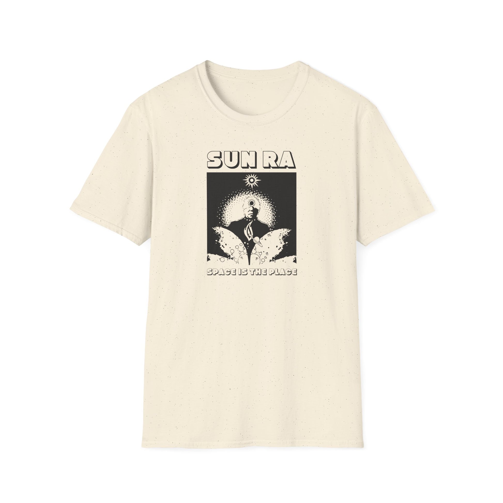 Sun Ra t-shirt with black and white graphic and text "SPACE IS THE PLACE".