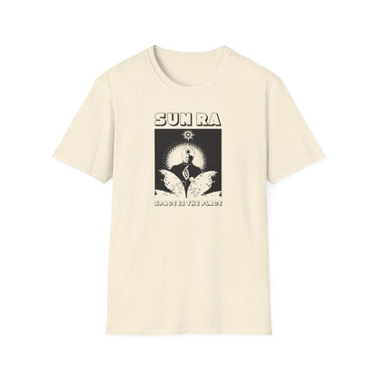 Sun Ra t-shirt with black and white graphic and text "SPACE IS THE PLACE".