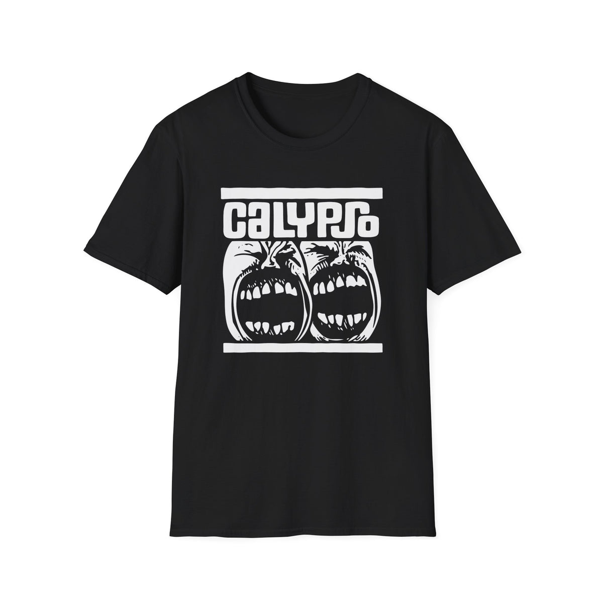 Black t-shirt with white "CALYPSO" text above screaming faces.