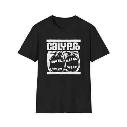 Black t-shirt with white "CALYPSO" text above screaming faces.