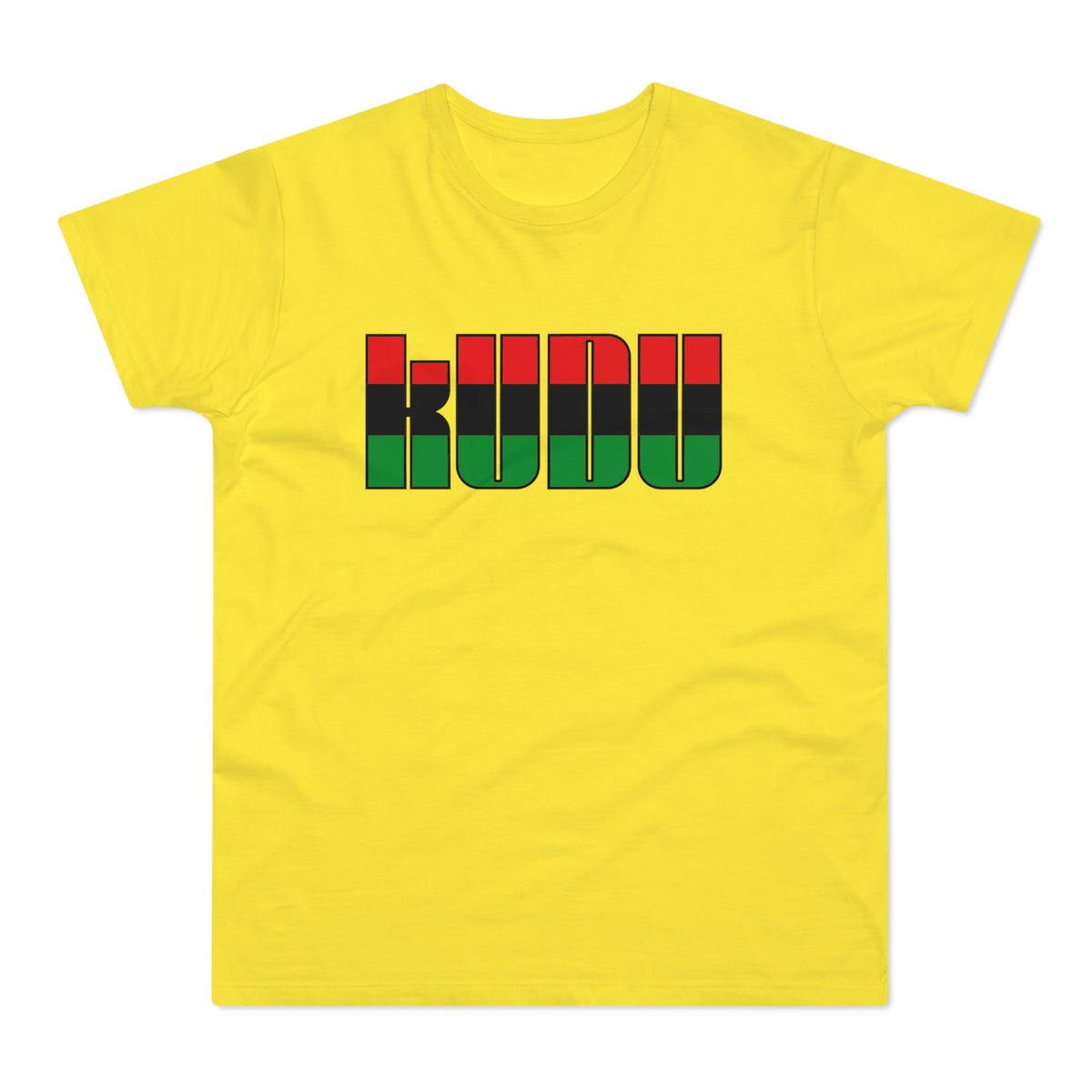Yellow t-shirt with bold "KUDU" text in red, black, and green panels.