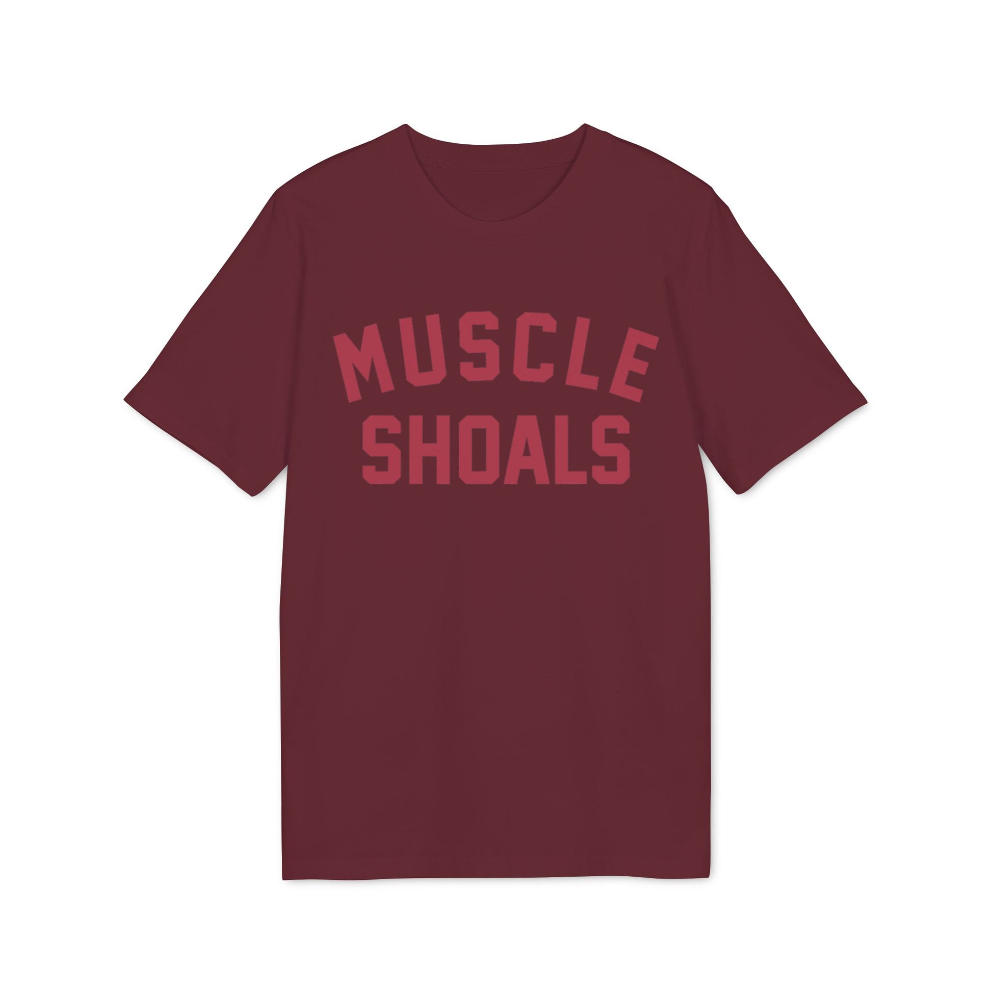 Maroon t-shirt with maroon text that reads "MUSCLE SHOALS" in a collegiate font.