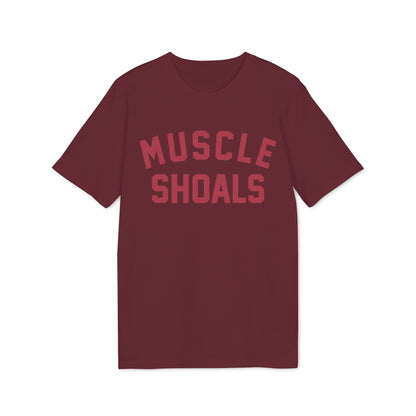 Maroon t-shirt with maroon text that reads "MUSCLE SHOALS" in a collegiate font.