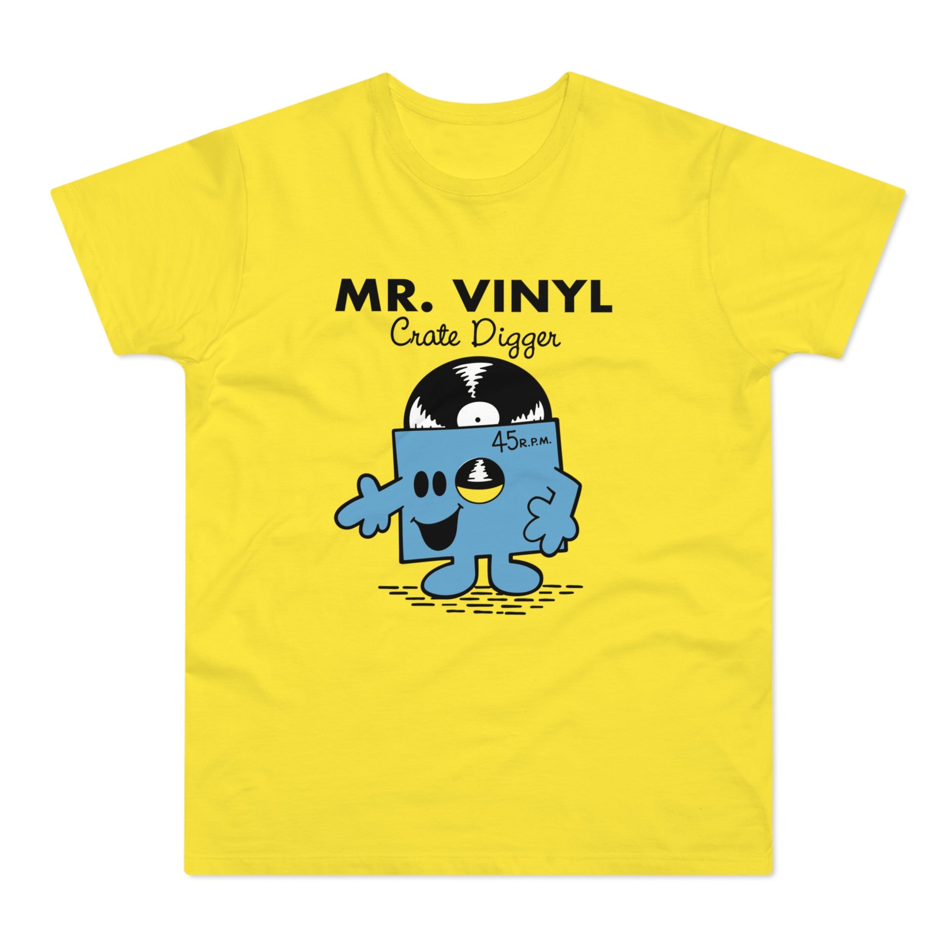 Yellow t-shirt with "MR. VINYL Crate Digger" and a cartoon vinyl record character.