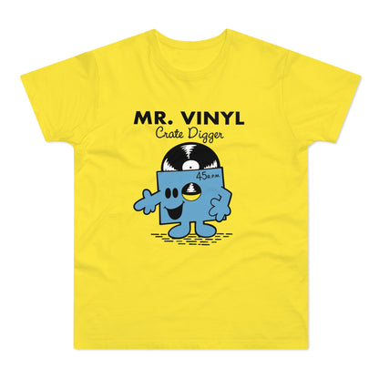 Yellow t-shirt with "MR. VINYL Crate Digger" and a cartoon vinyl record character.