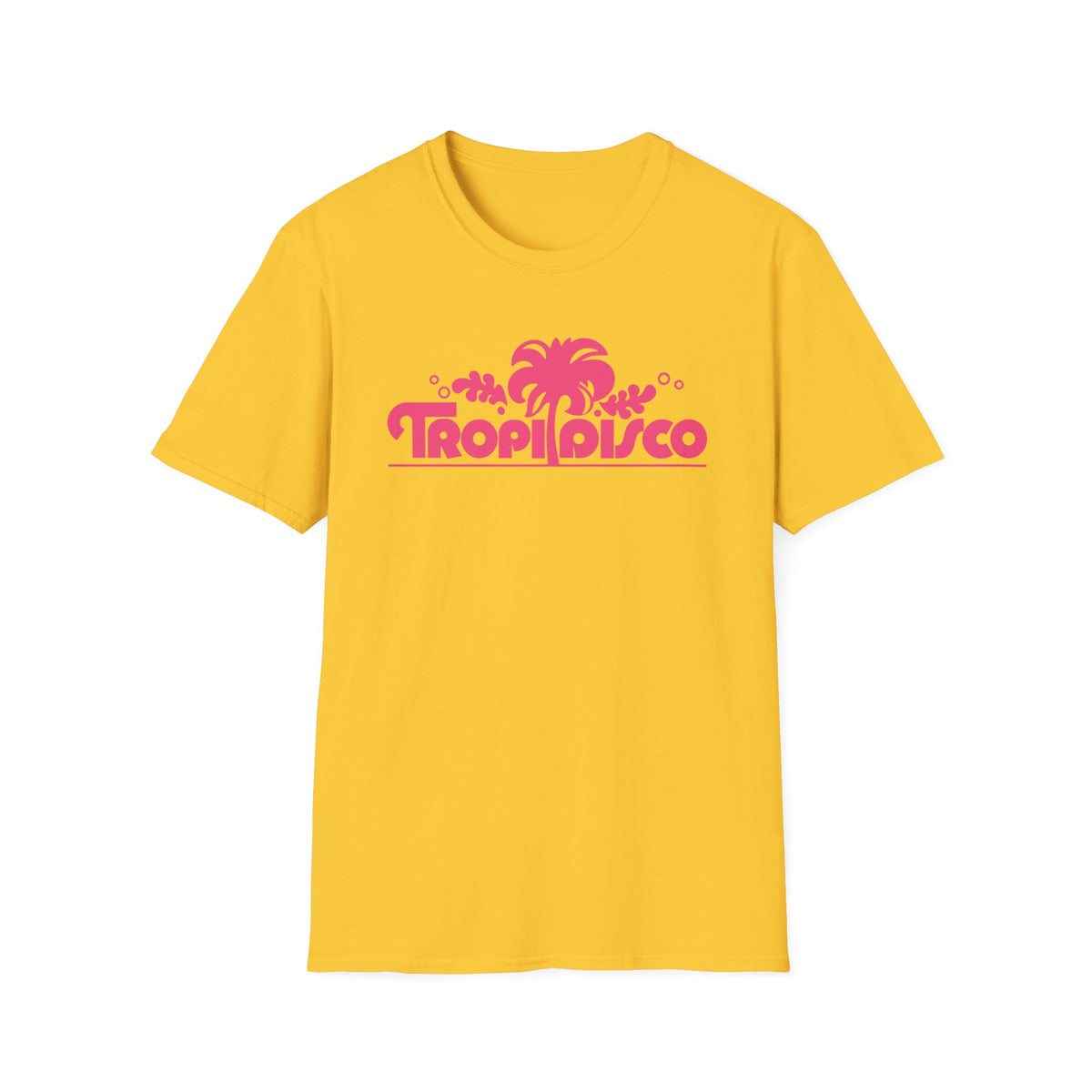 Yellow t-shirt with pink "Tropi Disco" text and palm tree graphic.