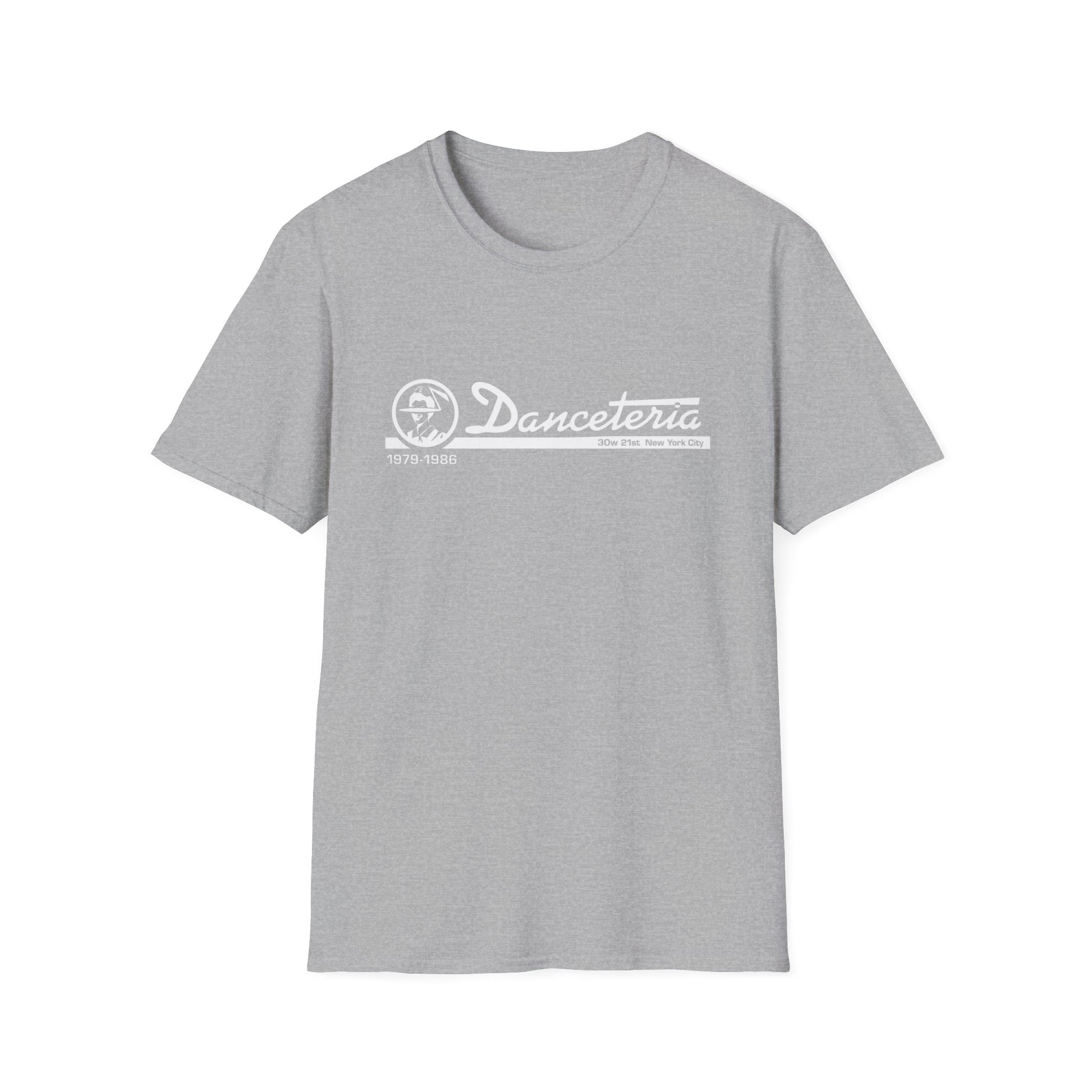 Grey t-shirt with white "Danceteria 30w 21st New York City 1979-1986" logo.