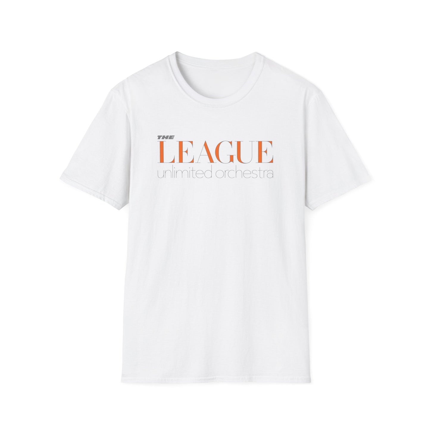 White t-shirt with "THE LEAGUE unlimited orchestra" text graphic.