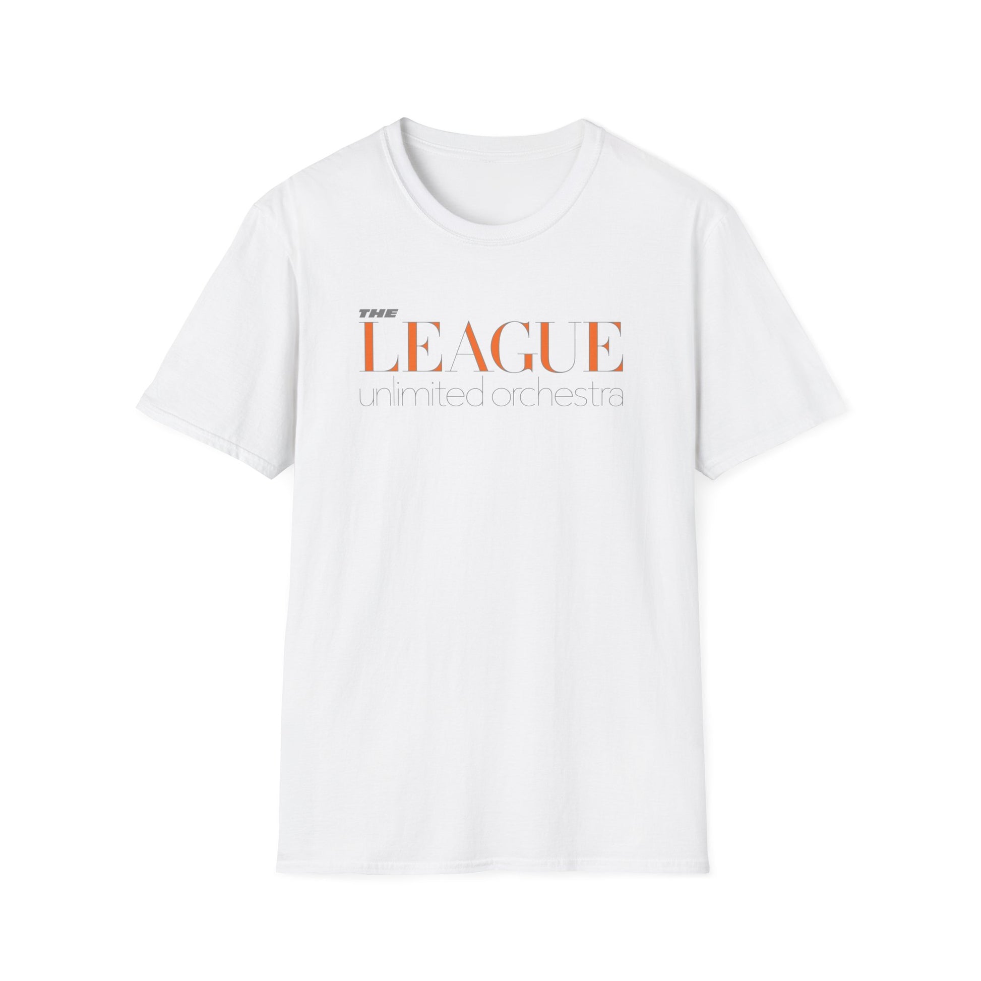 White t-shirt with "THE LEAGUE unlimited orchestra" text graphic.
