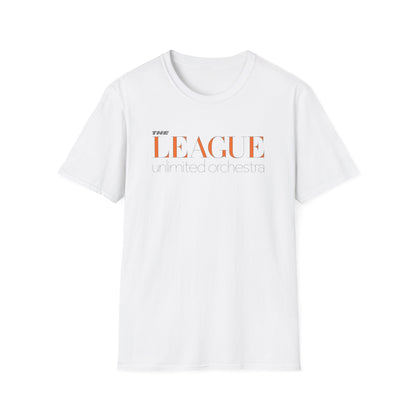 White t-shirt with "THE LEAGUE unlimited orchestra" text graphic.