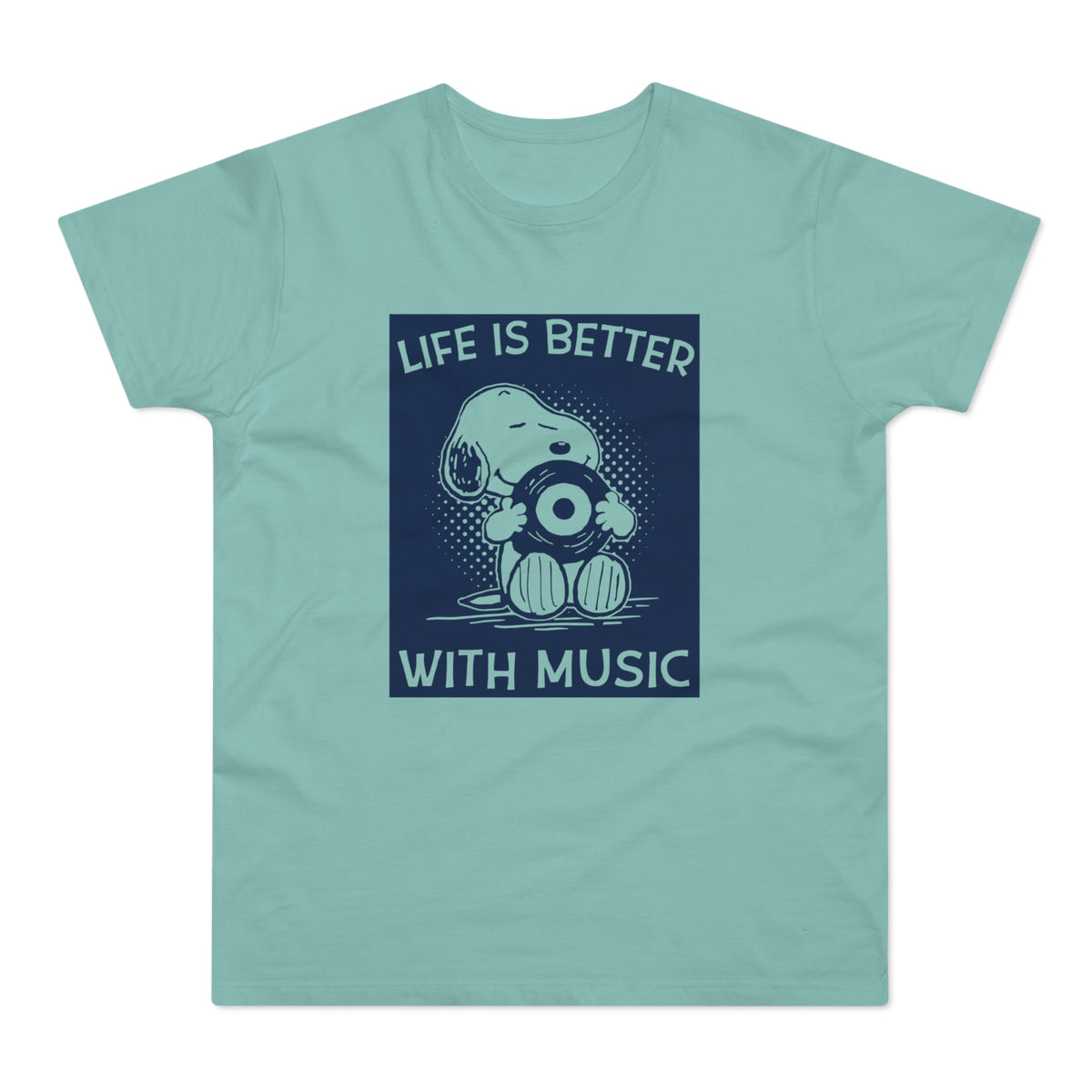 Snoopy holding a record with text "LIFE IS BETTER WITH MUSIC".