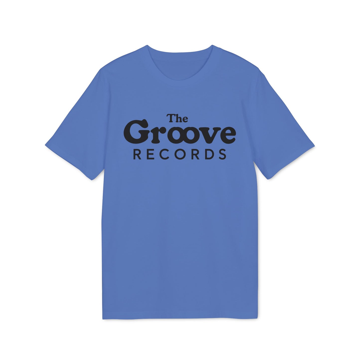 Blue t-shirt with black text "The Groove Records" on front.