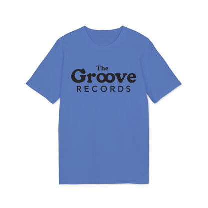 Blue t-shirt with black text "The Groove Records" on front.