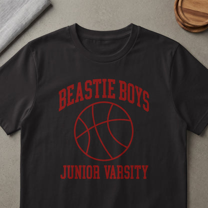 Black t-shirt with red Beastie Boys Junior Varsity basketball graphic.