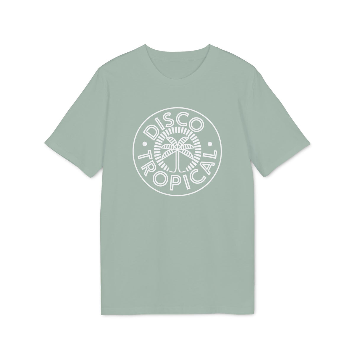 Sage green short-sleeve t-shirt with a white circular graphic featuring a palm tree and the text Disco Tropical.