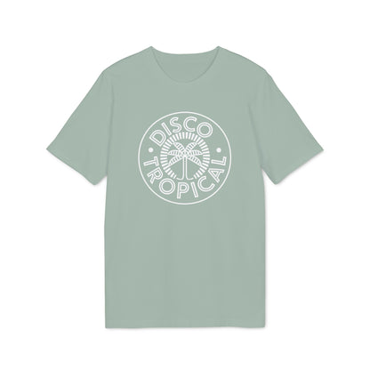 Sage green short-sleeve t-shirt with a white circular graphic featuring a palm tree and the text Disco Tropical.