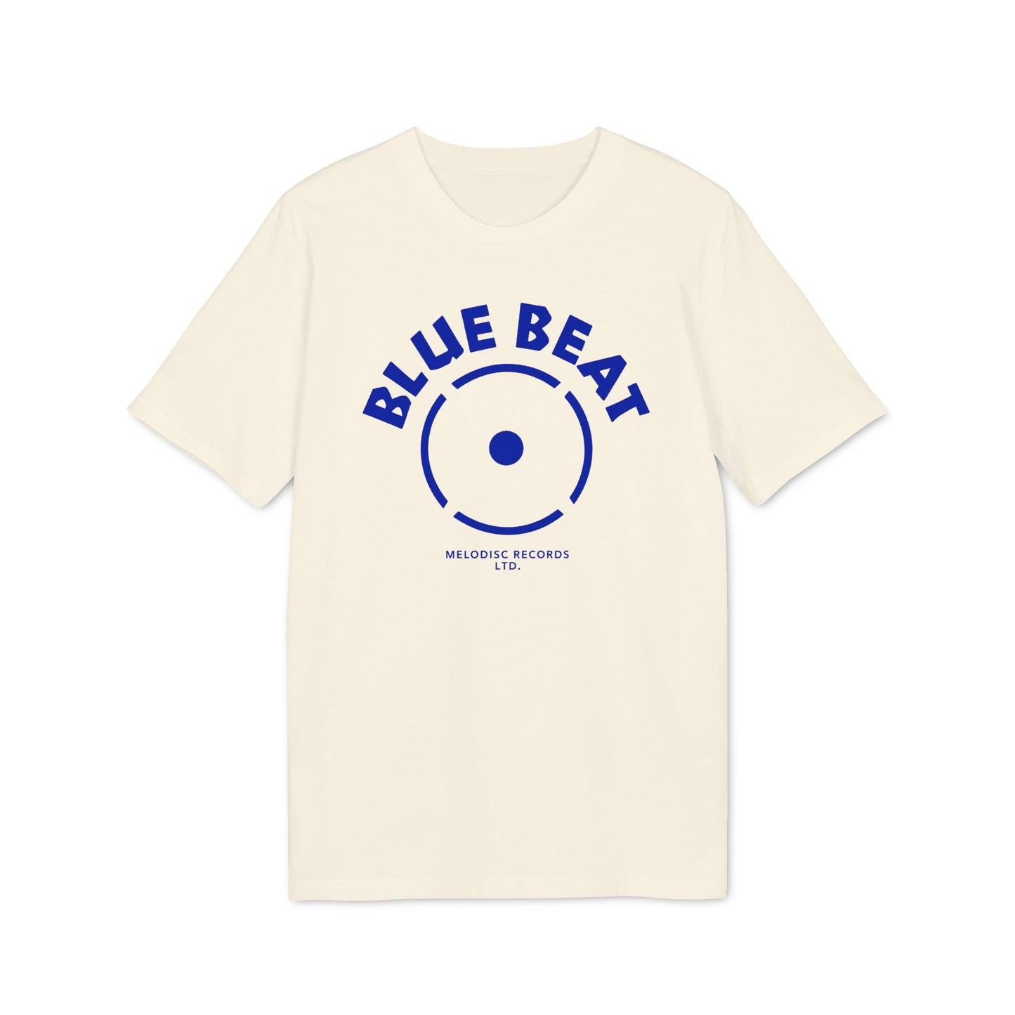 Cream t-shirt with blue "BLUE BEAT" text and record graphic.